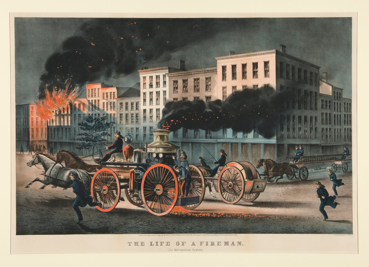 The Life of a Fireman / The Metropolitan System. av Currier and Ives