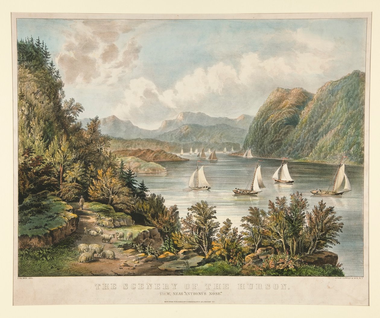 Naturen til Hudson. Utsikt, nær av Currier and Ives