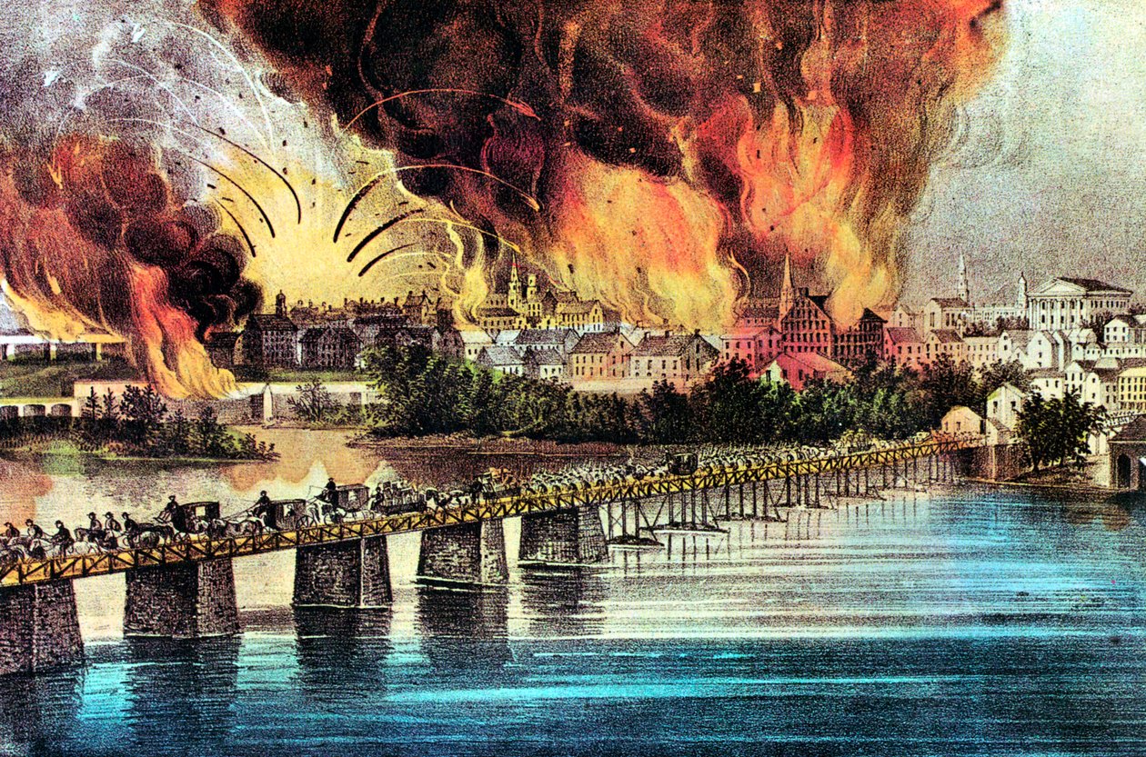 Fallet til Richmond, Virginia, amerikansk borgerkrig, 2. april 1865 av Currier and Ives