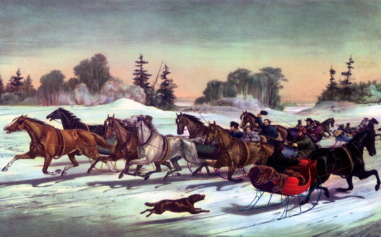 Trav sprekker på snøen, 1858. av Currier and Ives