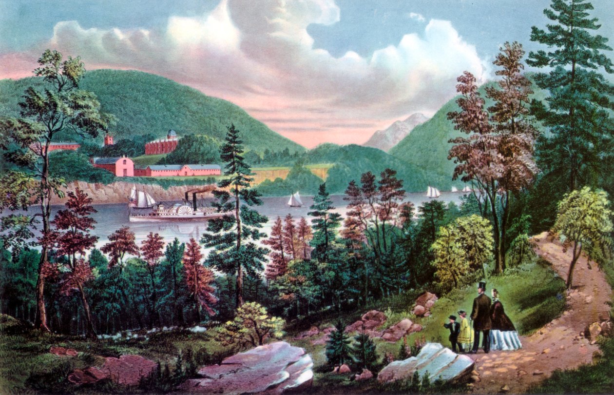 West Point, US Military Academy, fra den motsatte kysten, 1862. av Currier and Ives