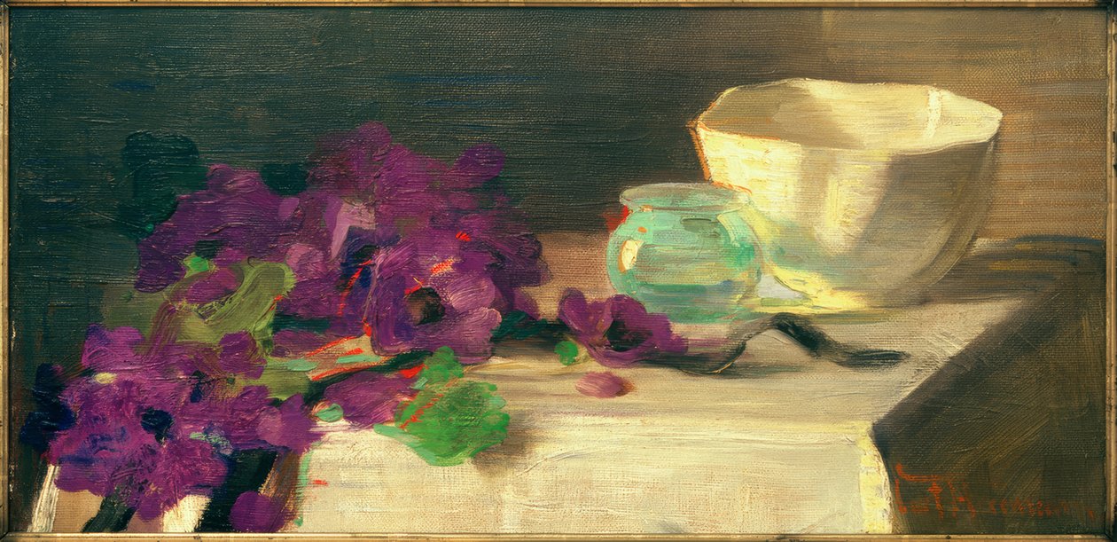 Stilleben med anemoner, glassvase og porselensskål av Curt Herrmann