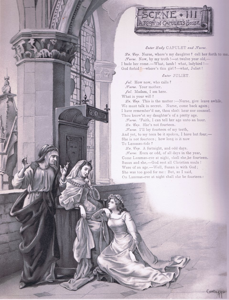 Et rom i Capulets hus, illustrasjon fra Romeo og Julie, av Curtazzo Curtazzo