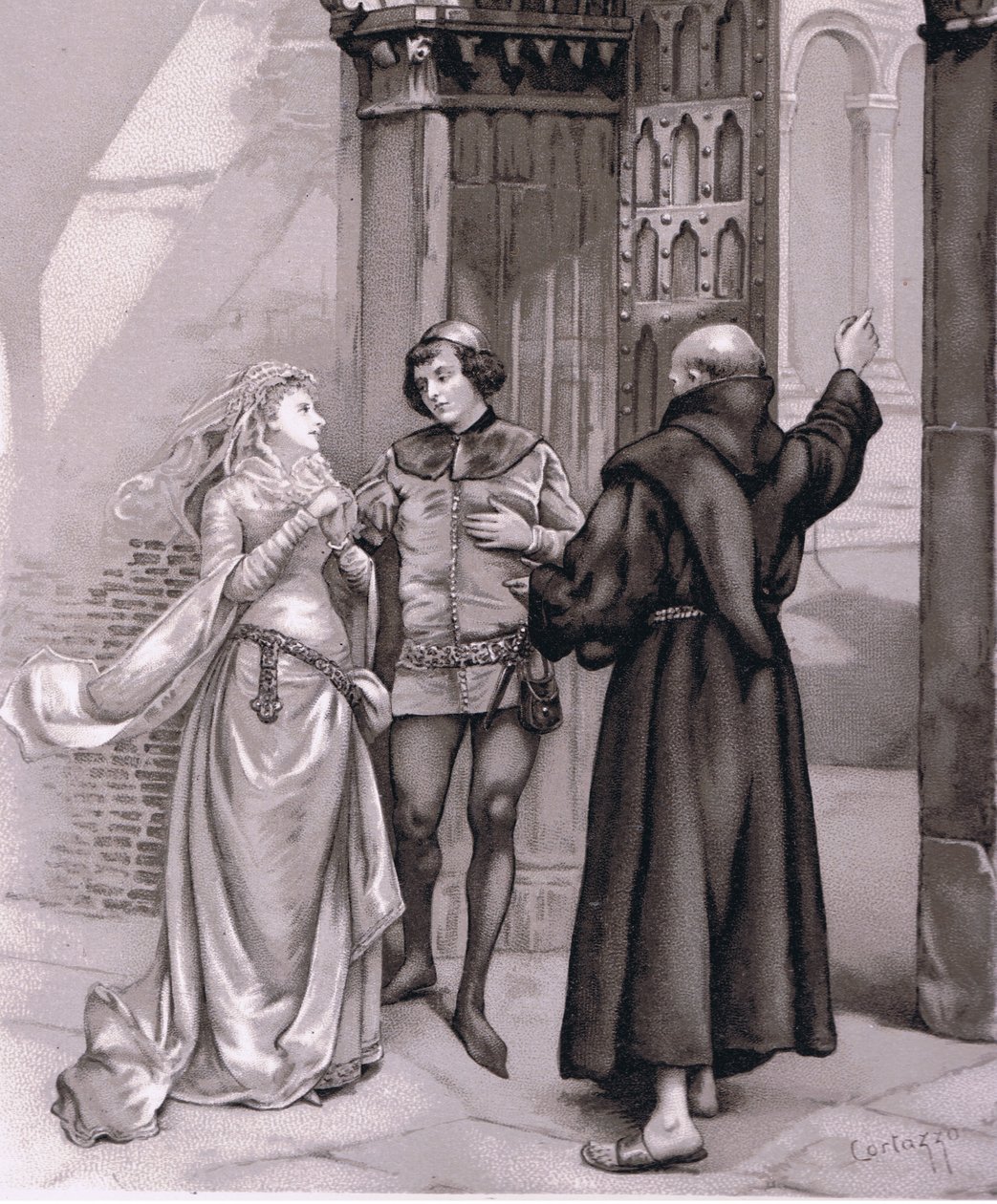Gå inn Friar Laurence og Romeo, illustrasjon fra Romeo og Julie, av Curtazzo Curtazzo