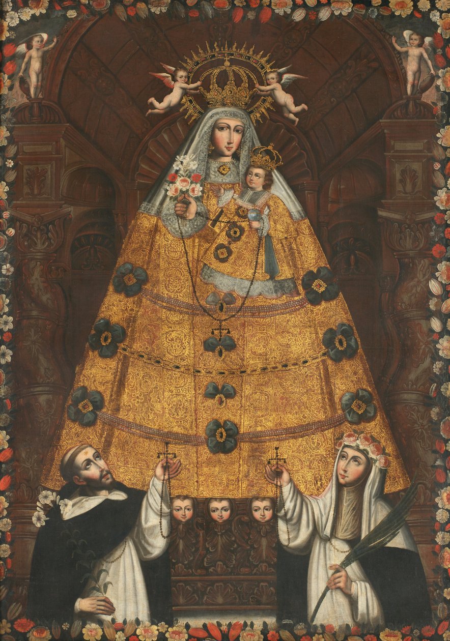 Vår Frue av rosenkransen med Saint Dominic og Saint Rose av Cuzco School