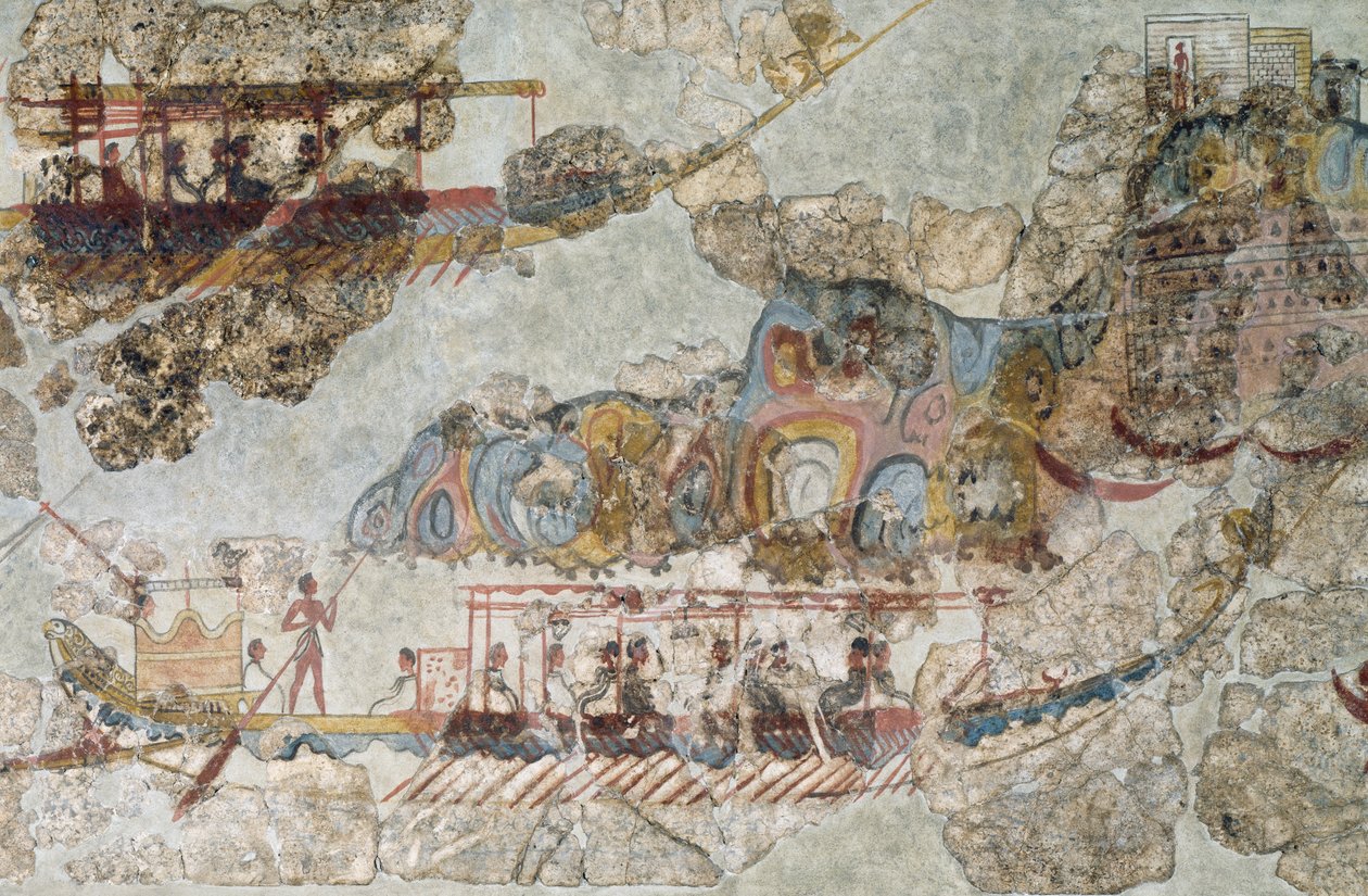 Flåte av skip, freskomaleri fra Thera, de sørlige Kykladene, Hellas kykladisk sivilisasjon, 3.-2. årtusen f.Kr. av Cycladic Cycladic