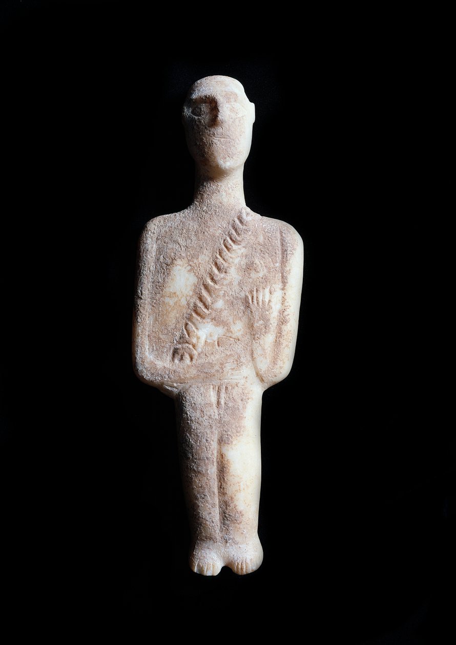 Mannlig idol, skjematisk figur. Skulptur i hvit marmor med okerinkruster, 3200-2000 f.Kr av Cycladic Cycladic