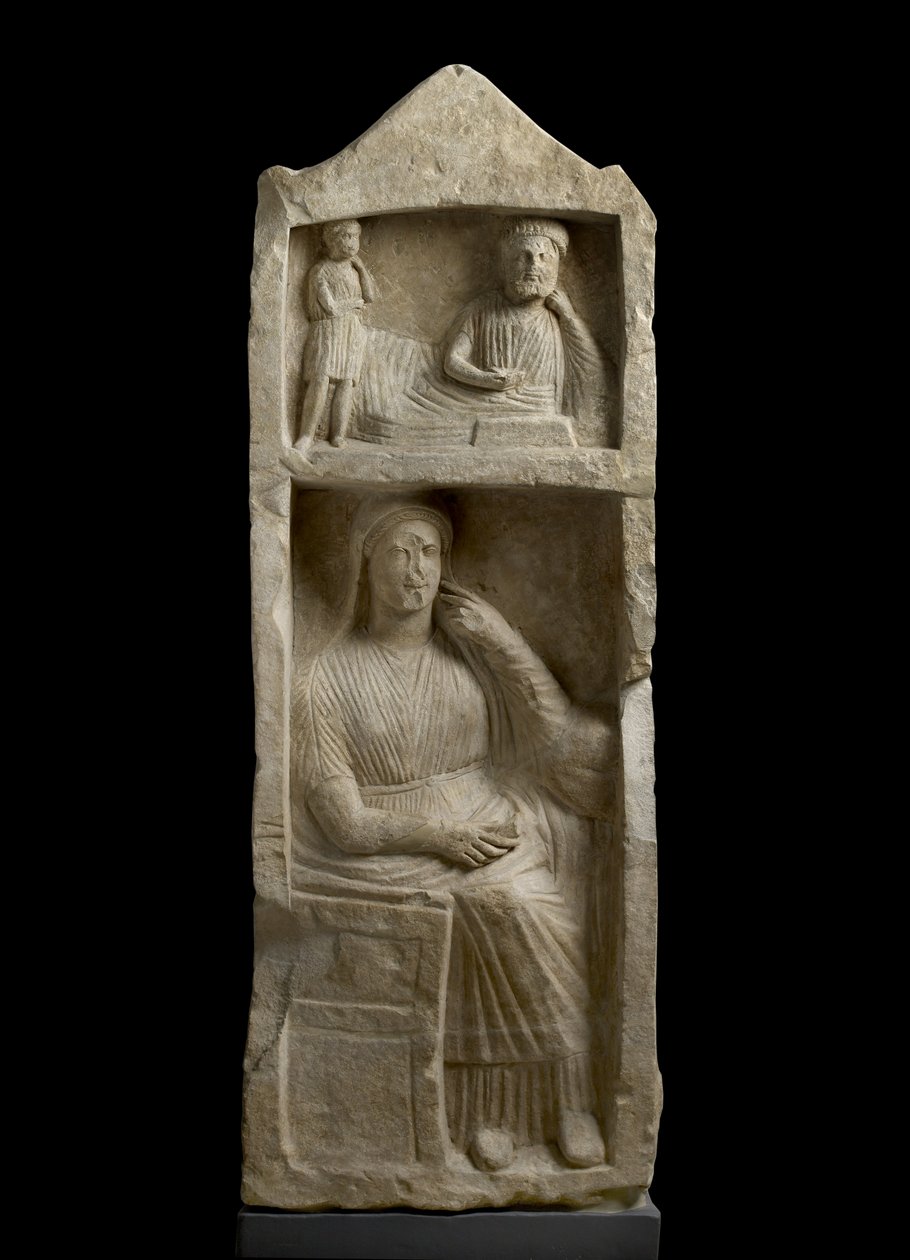 Kalksteinsgravstele, relieff av en skjeggete festmiddag med guttebetjent og en sittende kvinne, ca. 325-30 f.Kr. (kalkstein) av Cypriot