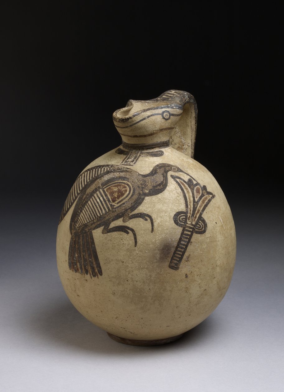 Knebøy bikrom kanne i frifeltstil med bilde av fugl som plukker en lotusblomst, kypro-arkaisk periode, ca. 750-480 f.Kr. (keramikk) av Cypriot