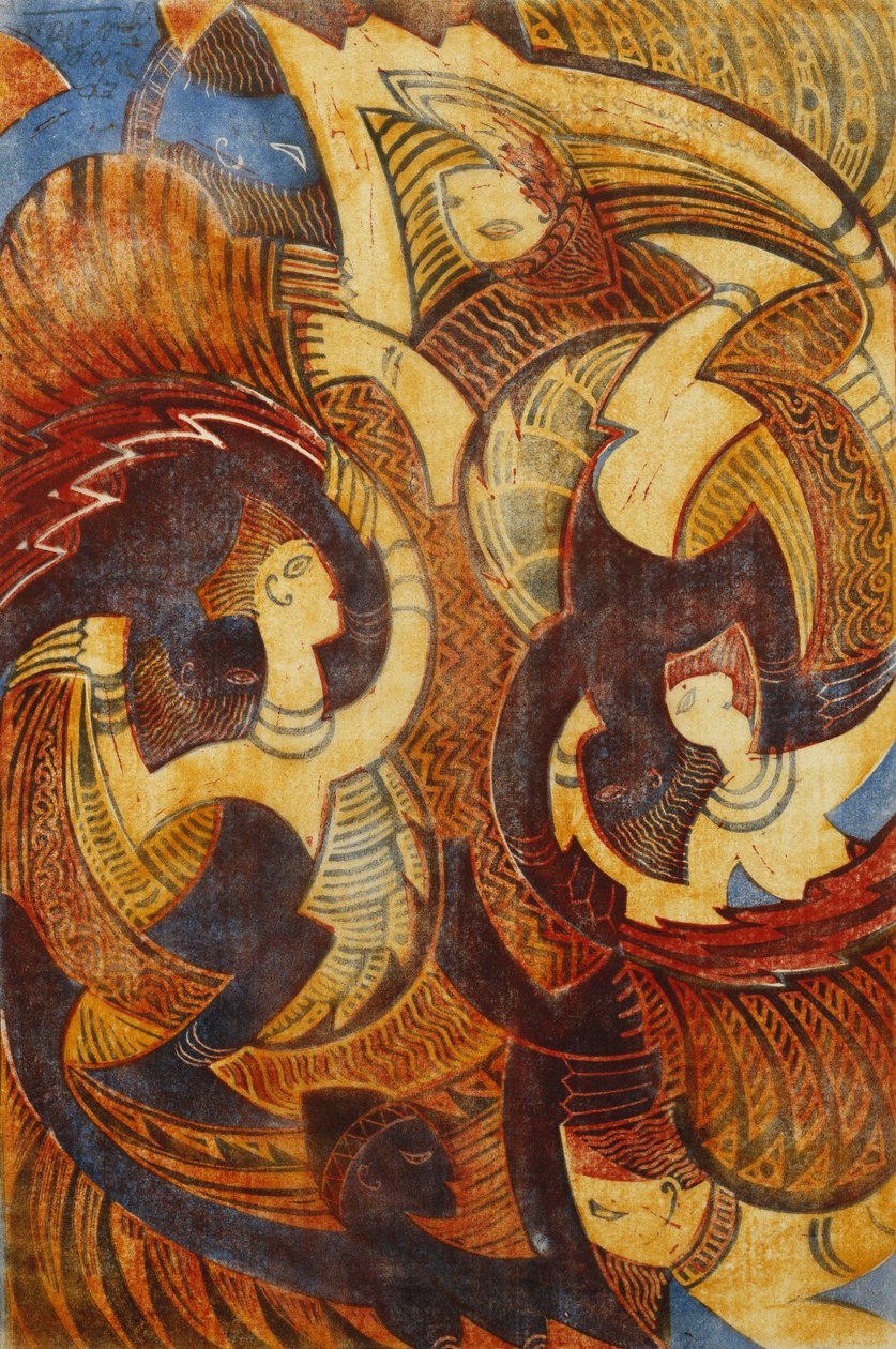Fire-Dance, ca. 1931 (linosnitt trykt i farger på tynt Japan) av Cyril Edward Power