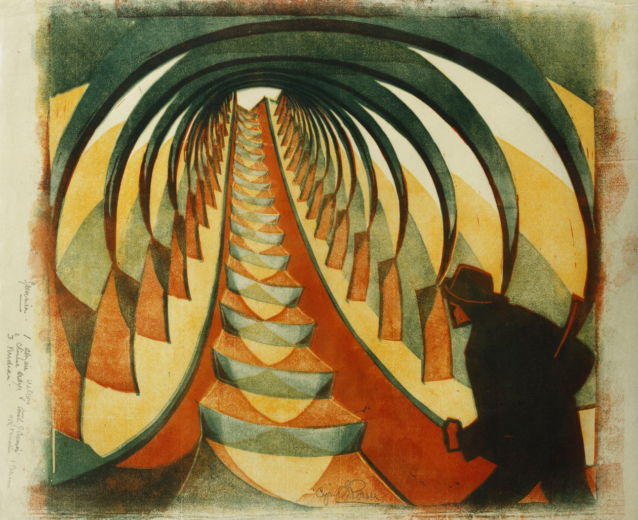 Rulletrappen, ca. 1929 (linosnitt trykt i farger på tynt Japan) av Cyril Edward Power