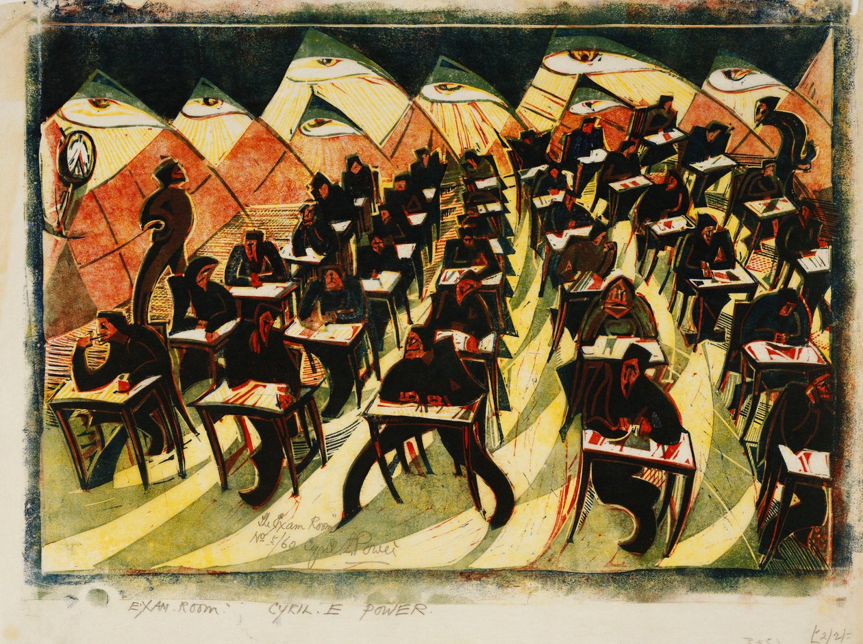 Eksamensrommet, ca. 1934 (linosnitt trykt i farger på tynt Japan) av Cyril Edward Power