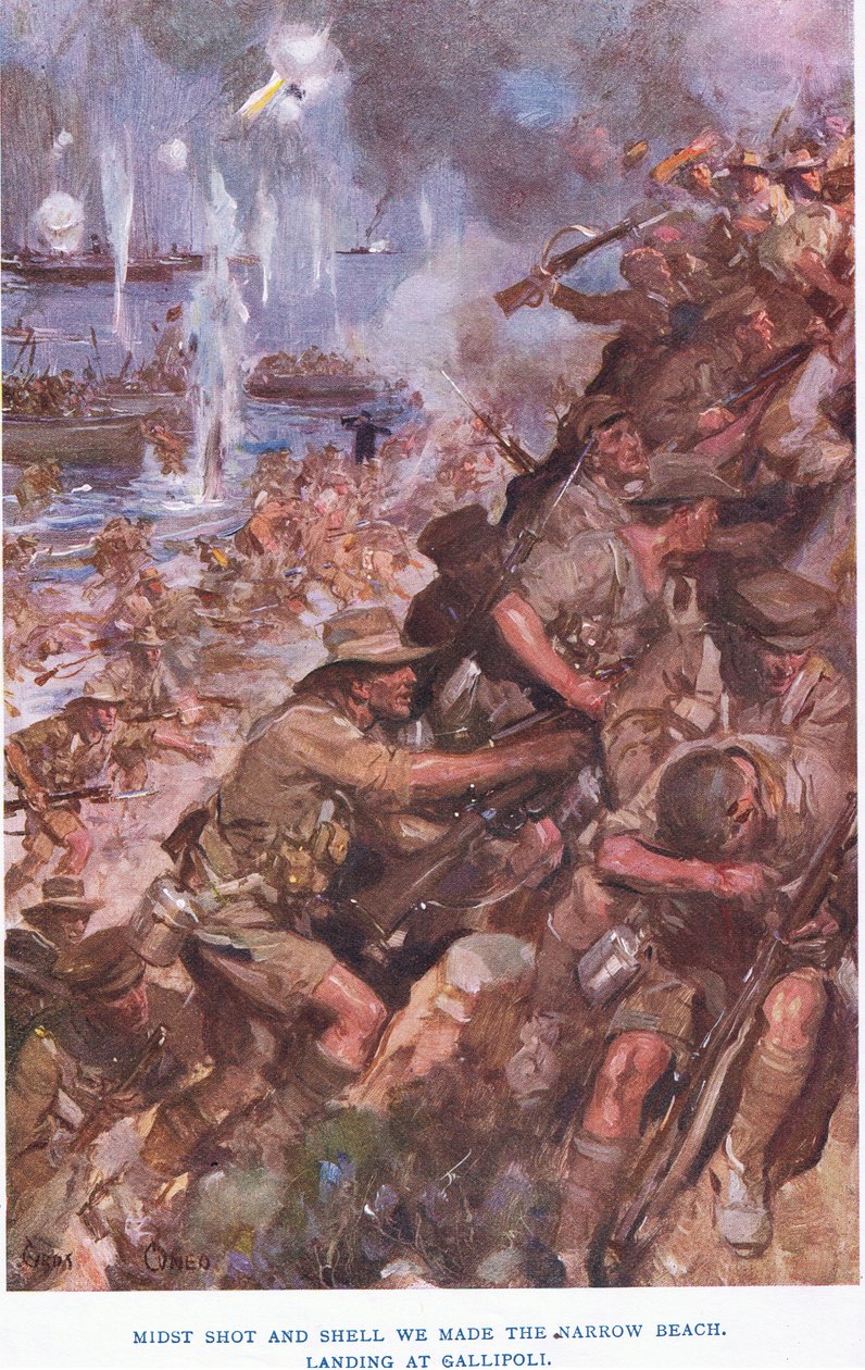 Lander ved Gallipoli. Midt i skudd og skall lagde vi den smale stranden av Cyrus Cuneo