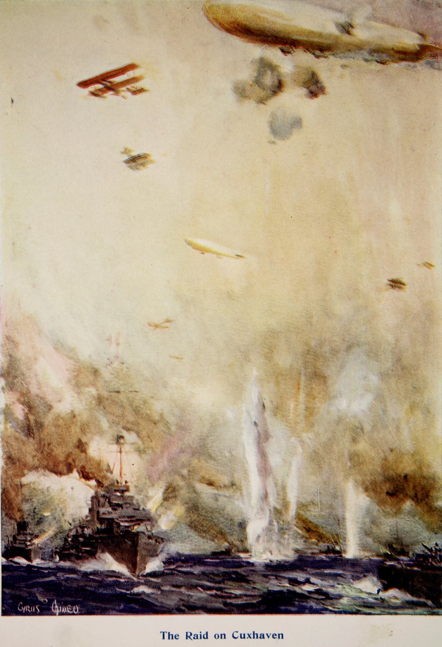 'The Raid on Cuxhaven, desember 1914', illustrasjon fra 'Told in the Huts: The YMCA Gift Book', utgitt 1916 av Cyrus Cuneo