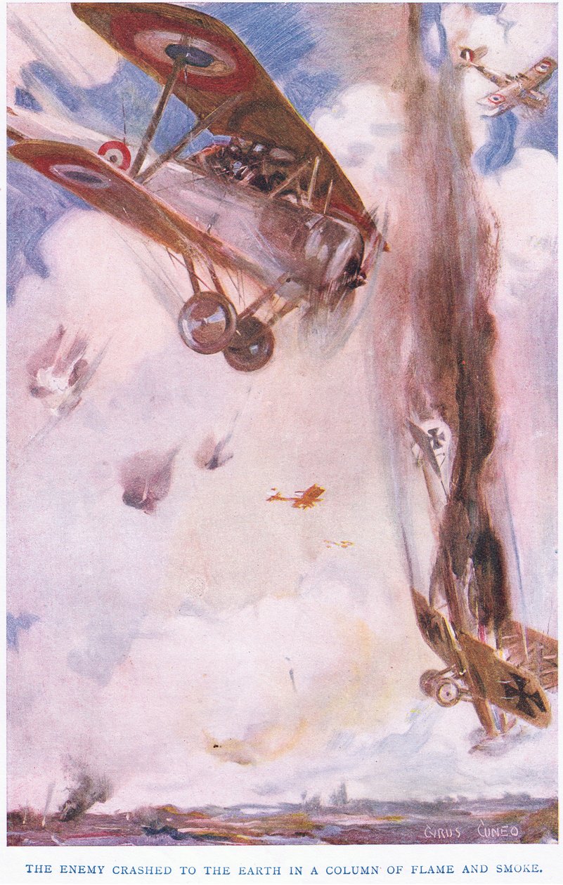 Fienden styrtet til jorden i en røyksøyle (farge litho) av Cyrus Cuneo