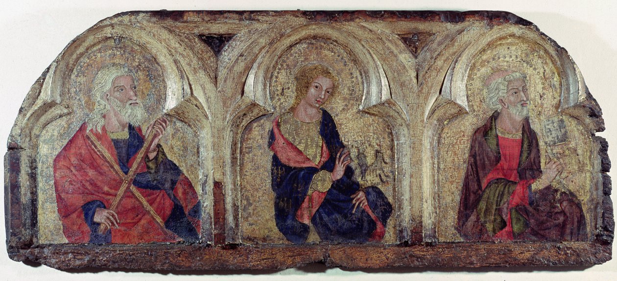 St. Andrew, St, John the Evangelist og St. Peter, fra venstre panel av Roudnice Predella, ca. 1340 (tempera på panel) av Czech School