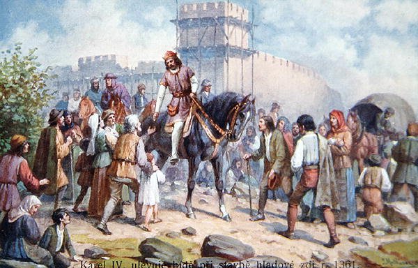Charles IV hilser vanlige mennesker under sin utvidelse av festningsverkene til Praha i 1361, postkort fra begynnelsen av det tjuende århundre (litho-farge) av Czech School