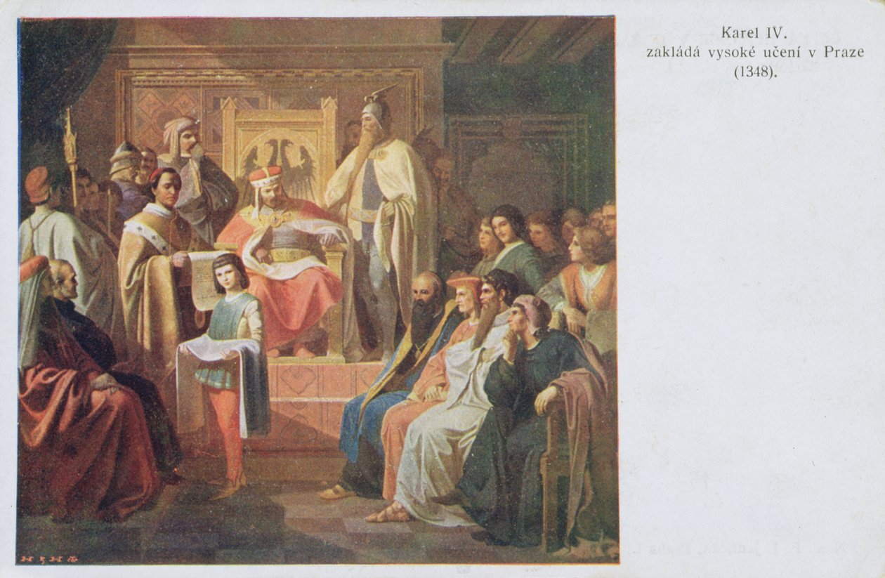 Stiftelsen av det tyske universitetet i Praha av Charles IV i 1348, postkort fra begynnelsen av det tjuende århundre av Czech School