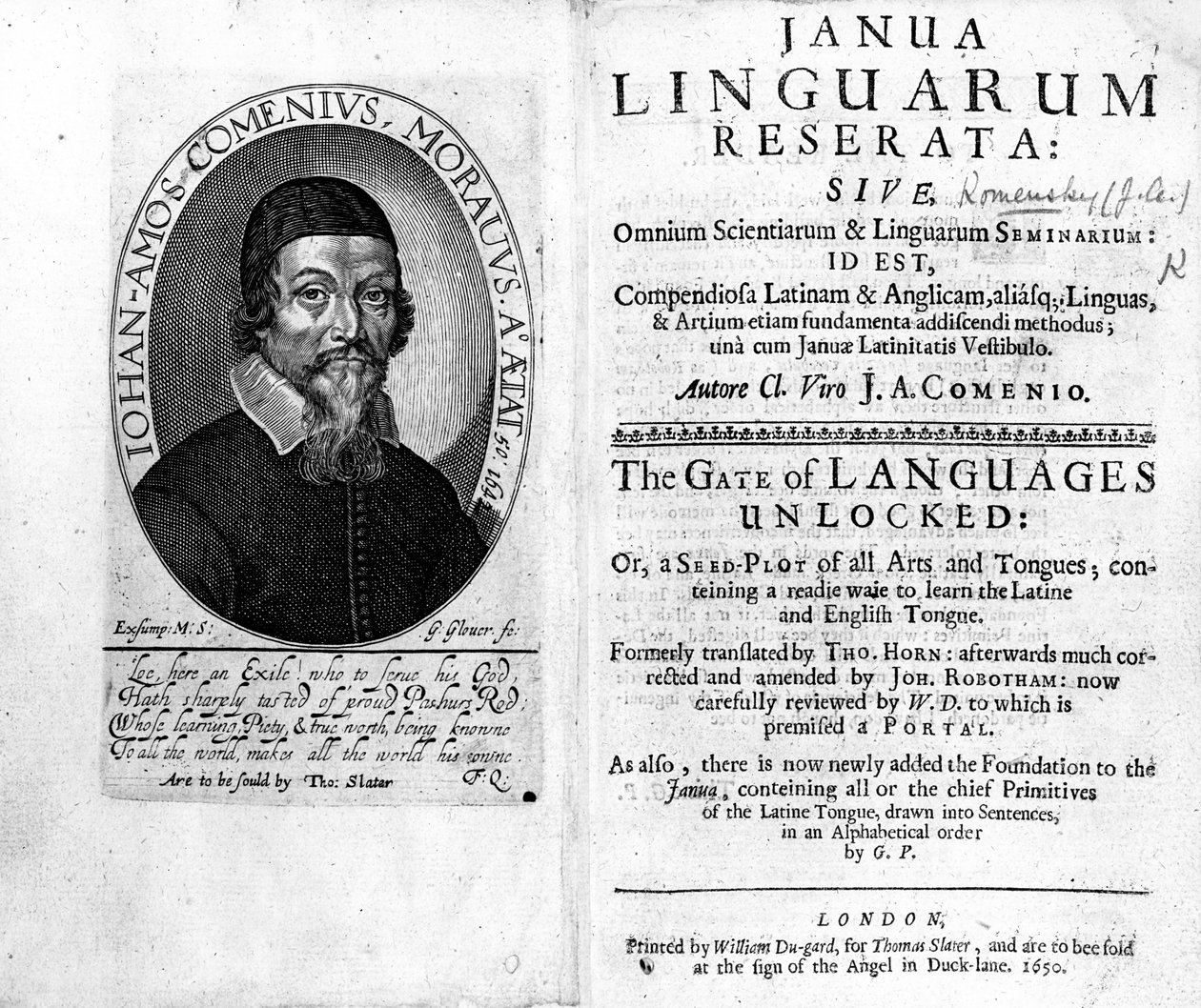 Frontispice og tittelside til Janua Linguarum Reserata med et portrett av Jan Amos Komensky, gravert av George Glover, 1650 av Czech School