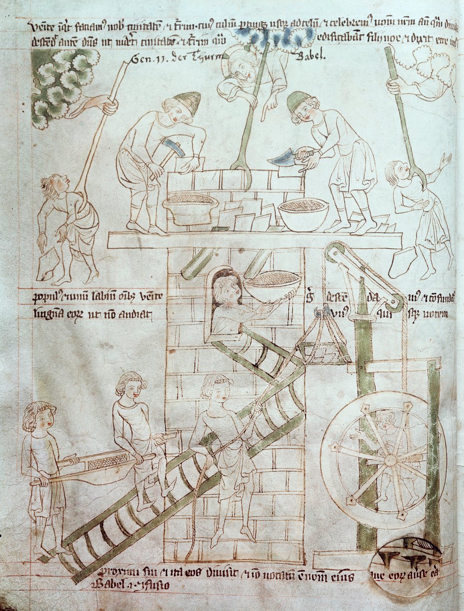 Ms 23 C 124 fol.3 Byggingen av Babelstårnet, fra Velislav-bibelen, ca. 1340 av Czech School