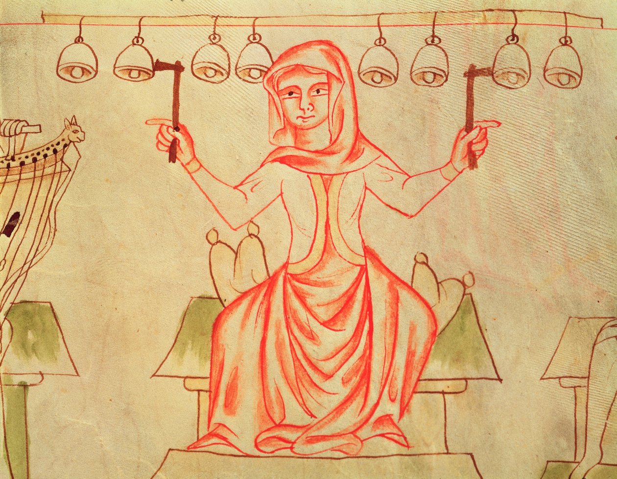 Mx XXIII C.124 Musiker som spiller bjeller, fra Velislav-bibelen, ca. 1340 av Czech School