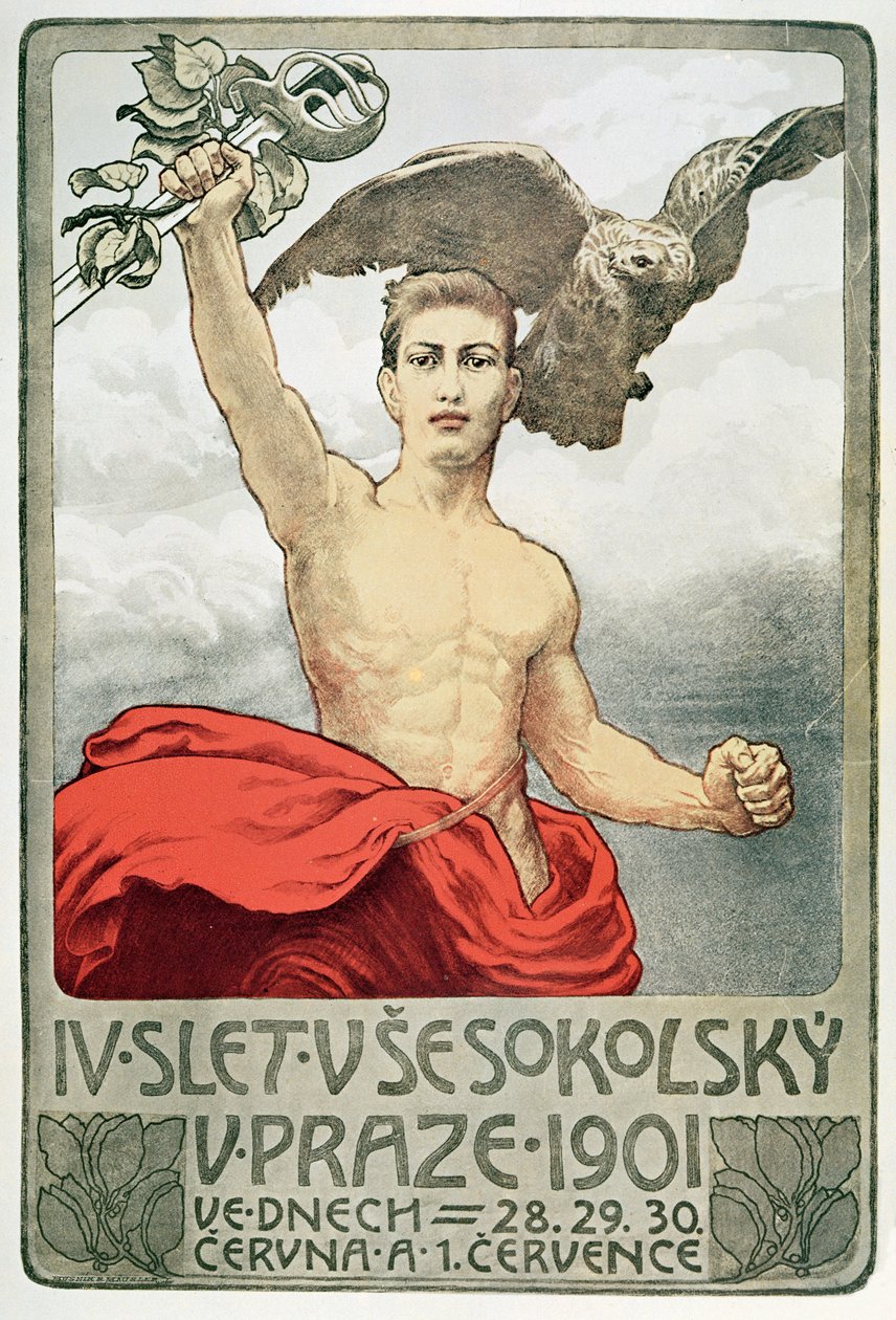 Plakat som reklamerer for den fjerde forsamlingen i Sokols i Praha i 1901 av Czech School