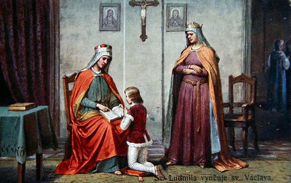 The Education of Saint Wenceslaus av bestemoren Ludmilla, postkort fra begynnelsen av det tjuende århundre (litho-farge) av Czech School