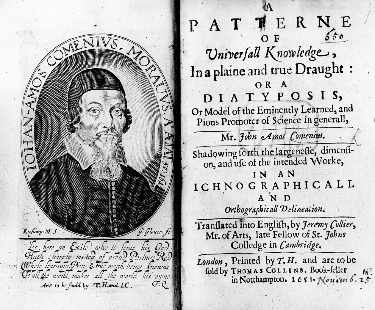 Tittelblad og frontispice til A Patterne of Universall Knowledge, inkludert et portrett av Jan Amos Komensky, gravert av George Glover, 1651 av Czech School