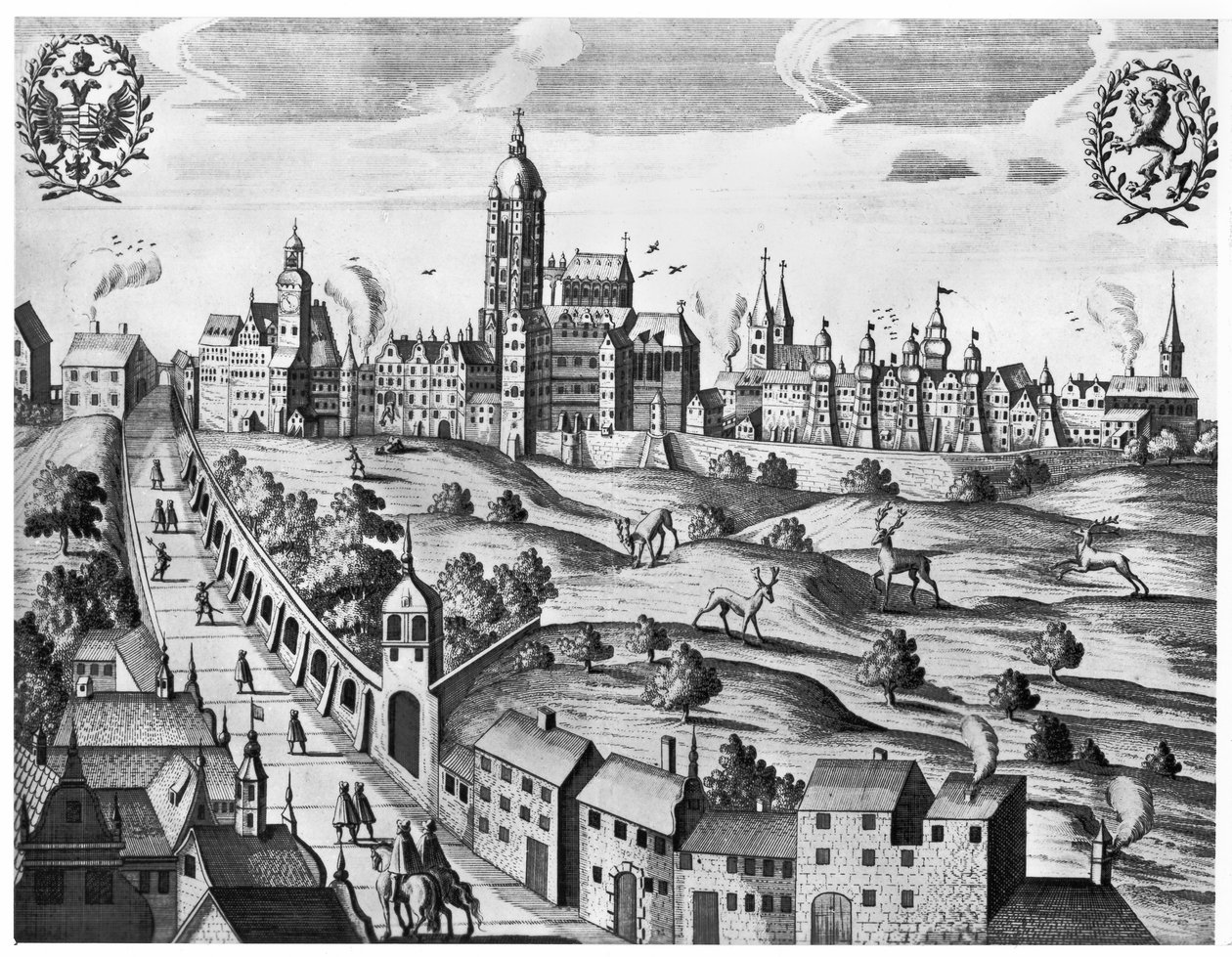 Utsikt over Praha som viser det keiserlige palass og teologisk høyskole, ca. 1618 av Czech School