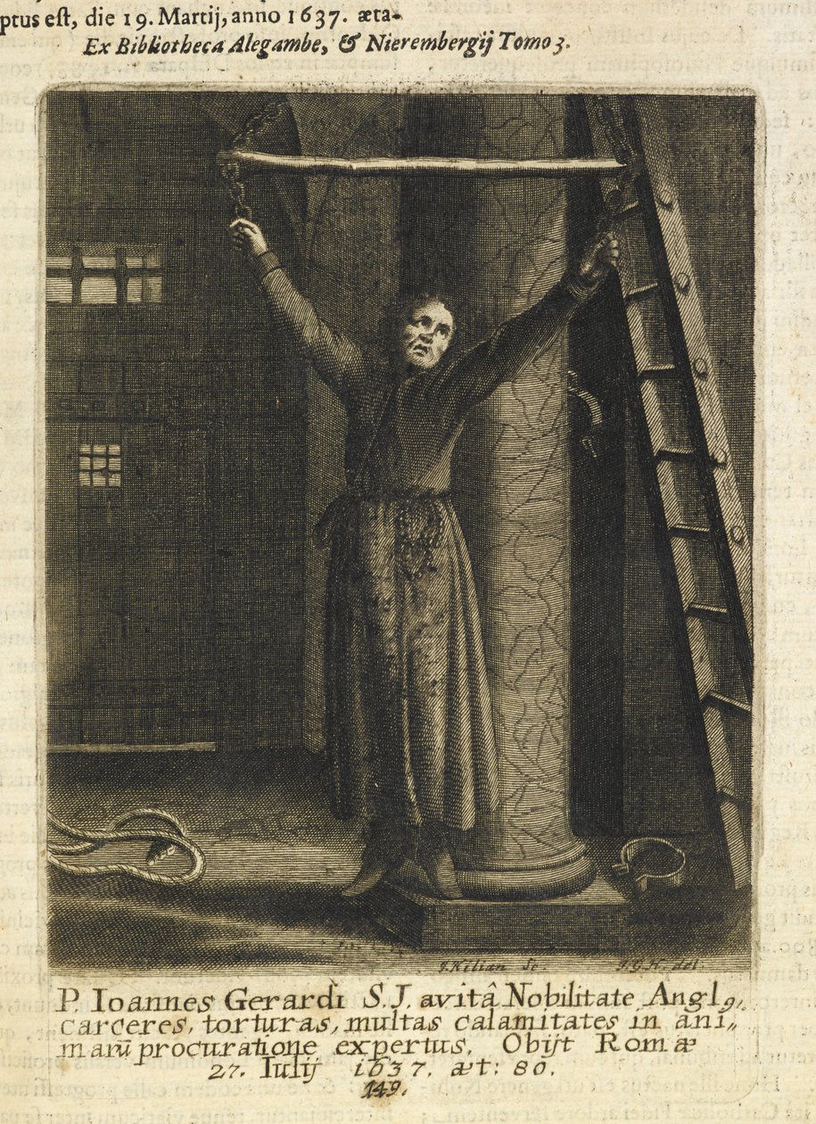John Gerard, en engelsk jesuittprest, hengt opp fra lenker på fangehullsveggen i Tower of London (gravering) av Czech School