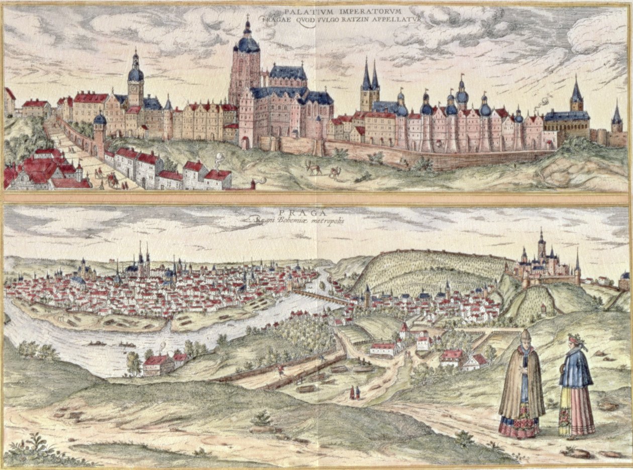 Utsikt over Praha som viser (over) keiserpalasset (Hradschin) og (under) elven Vltava som skiller de gamle og moderne delene av byen (gravering) av Czech School