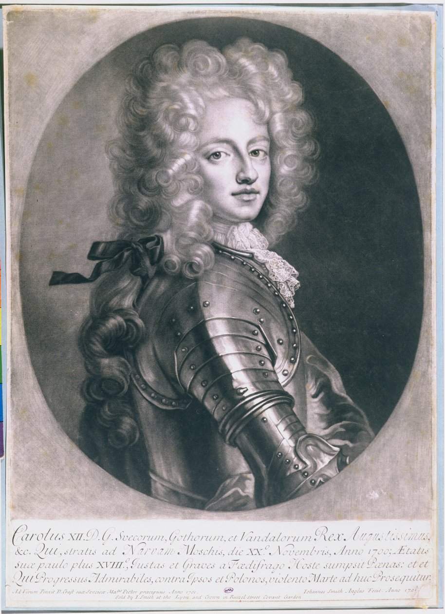 Kong Karl XII (1682-1718) av Sverige, gravert av John Smith, 1701 av D. Craft