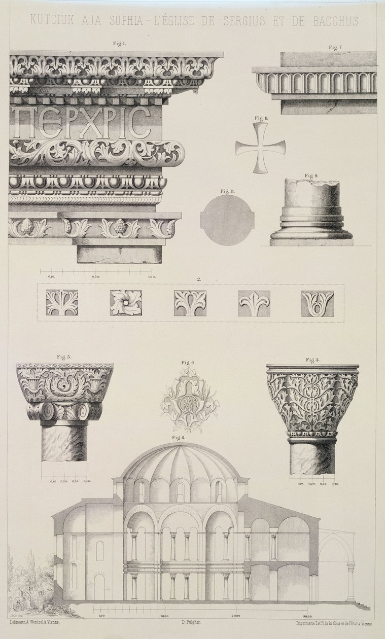 Tverrsnitt og arkitektoniske detaljer av Kutciuk Aja Sophia, kirken til Sergius og Bacchus, fra 