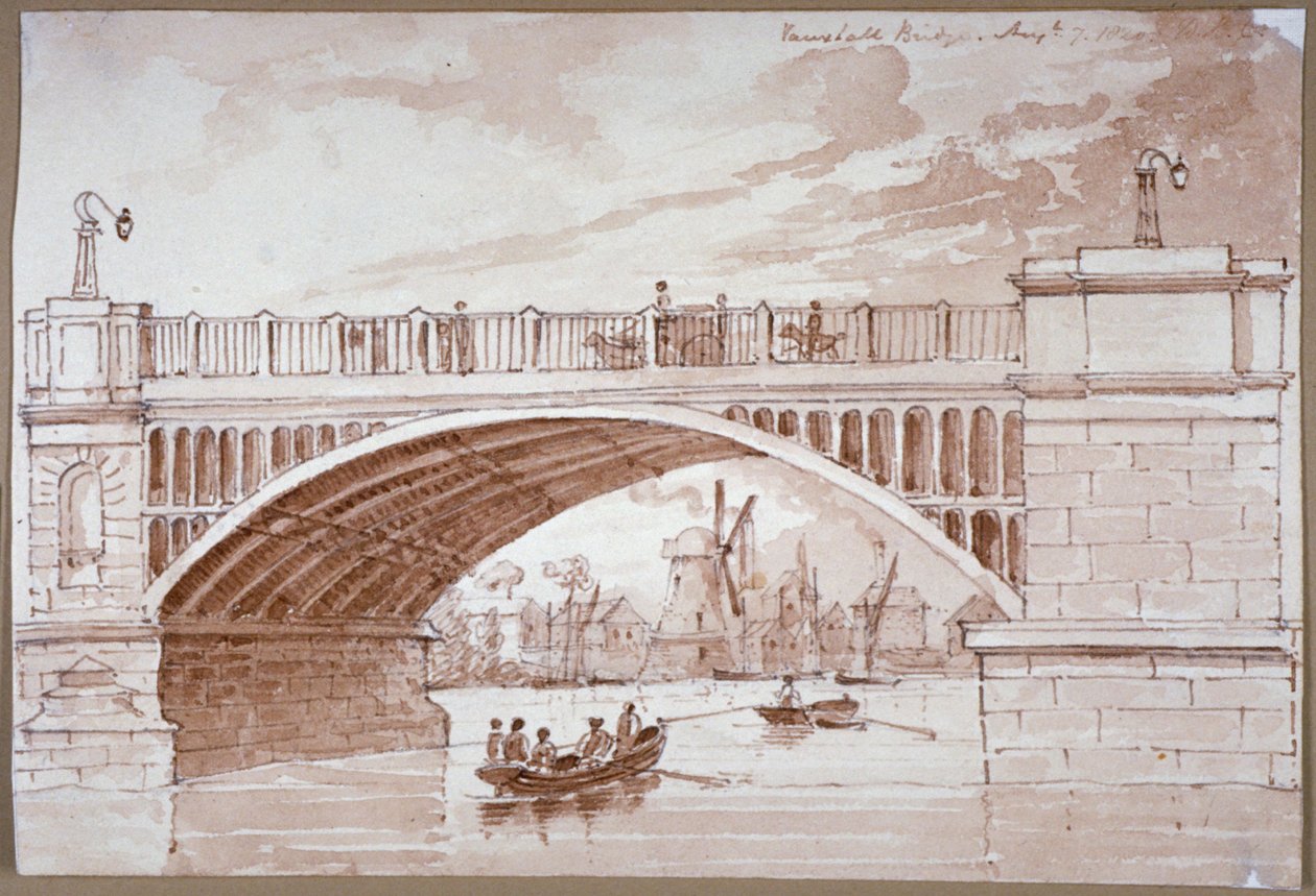 Utsikt over en liten båt som passerer under Vauxhall Bridge, London, 1820. av DHC