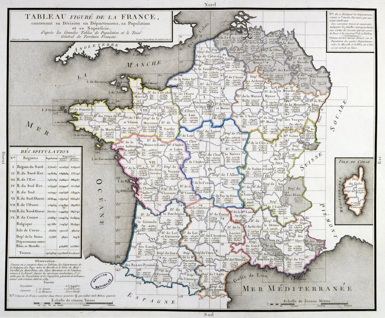 Kart over Frankrike som viser avdelingsavdelingene, 1798 av DHoudan