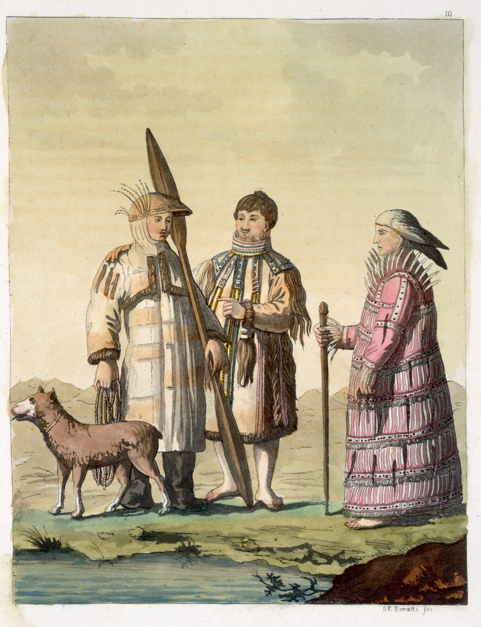Alaskanske menn og kvinner kledd for fiske (fargegravering) av D.K. Bonatti