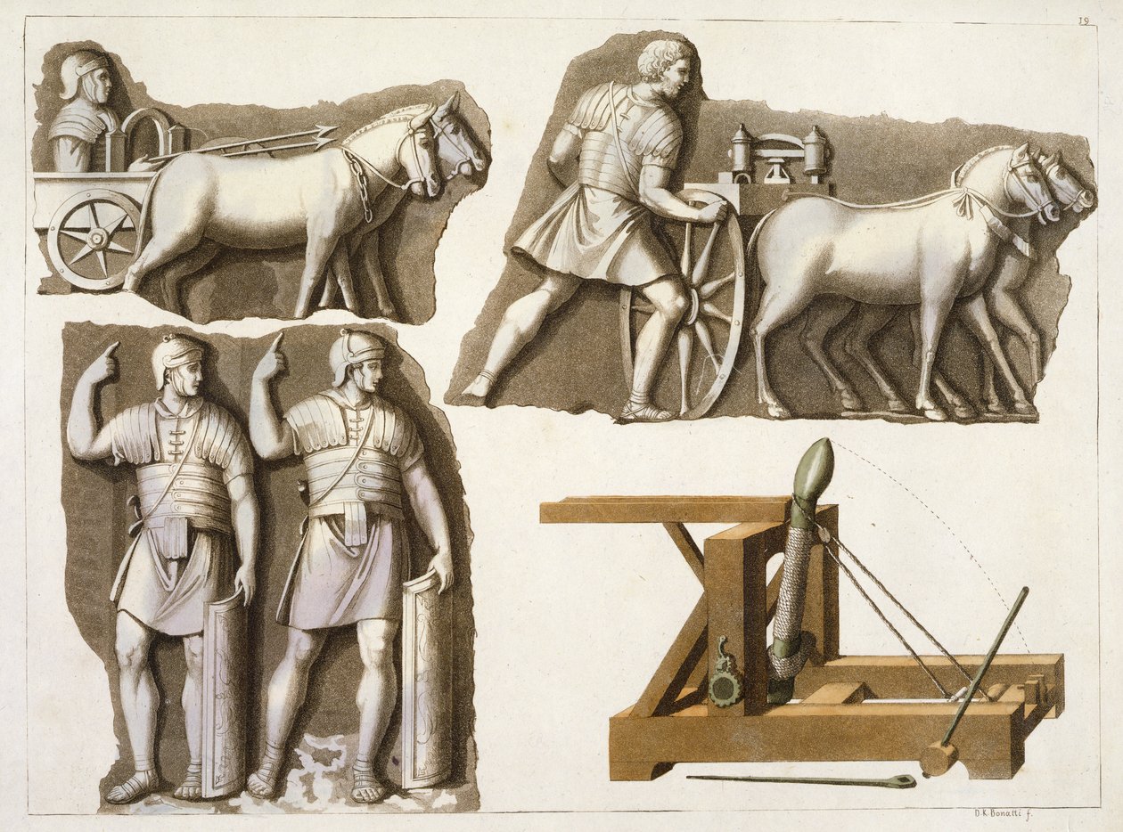 Romerske militære våpen og utstyr, fra 'Le Costume Ancien et Moderne' av Jules Ferrario, utgitt ca. 1820-30-tallet av D.K. Bonatti