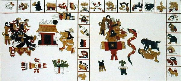 Hieroglyfisk manuskript som viser guden Chuacohuati (fargegravering) av D.K. (after) Bonatti