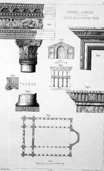 Plan og arkitektoniske detaljer av Imbrohor Dzamissi, kirken St. Johannes døperen, fra 