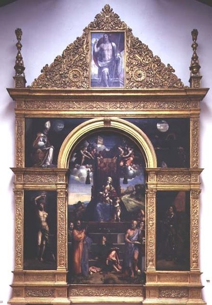 Jomfru og barn tronet med hellige (olje) av D. and Garofalo Dossi