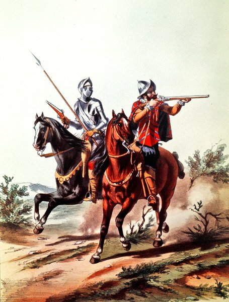 Fransk kavaleri bevæpnet med hjullåspistoler (farge litho) av D. de (after) Noirmort