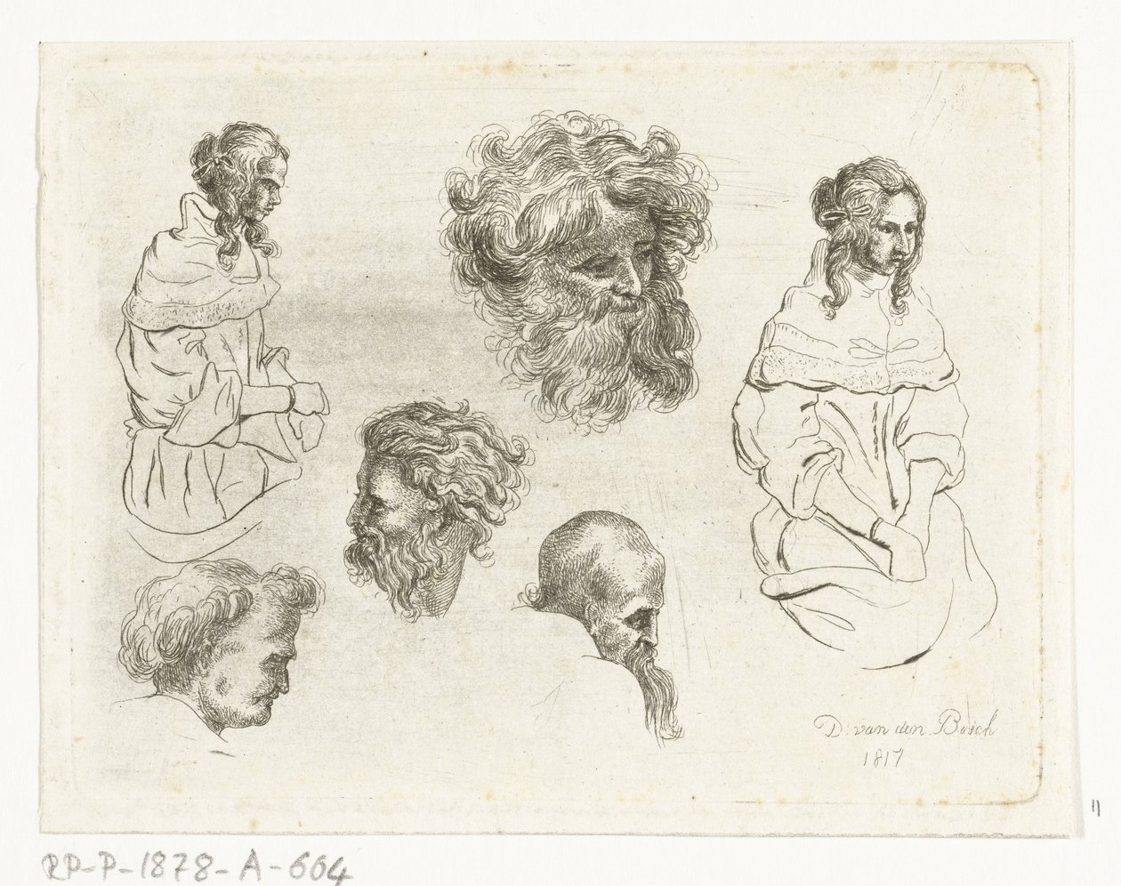 Studieark med hoder og kvinnekropper av D. van den Bosch