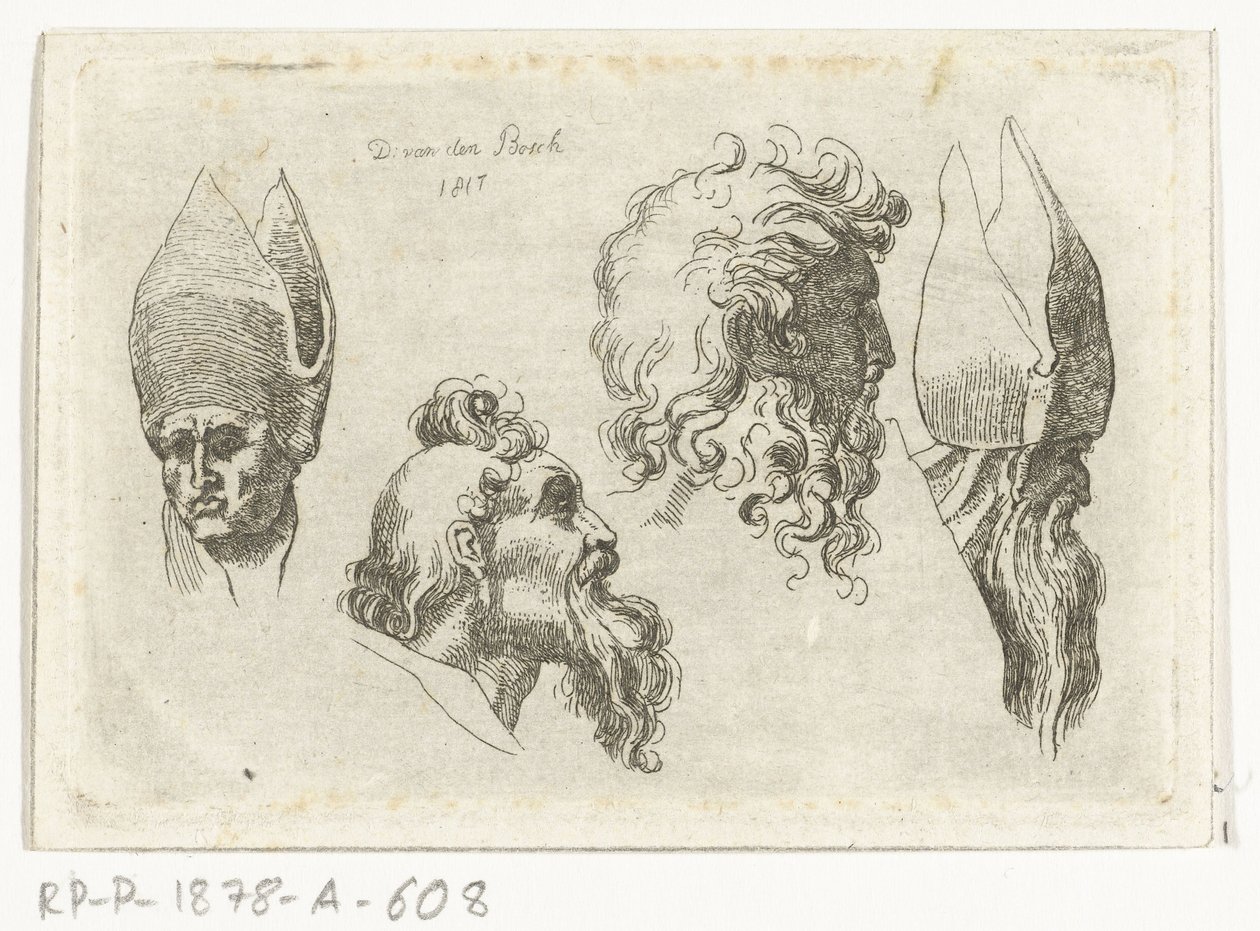 Studieark med fire hoder, to med gjæring av D. van den Bosch