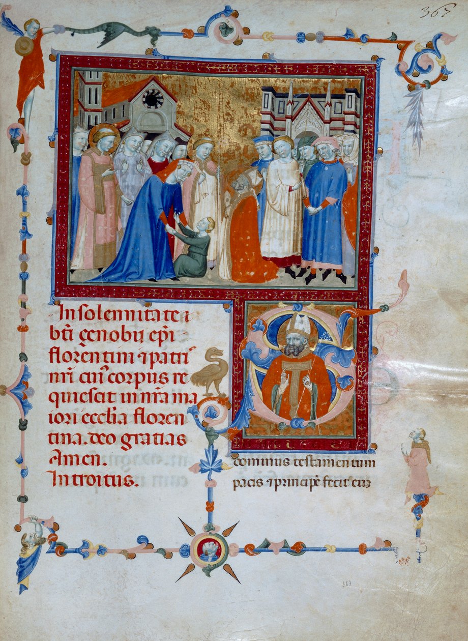 San Zanobi reiser en gutt fra de døde (Codice Edili 107, ca. 367), for et romersk missal av Daddesco Maestro