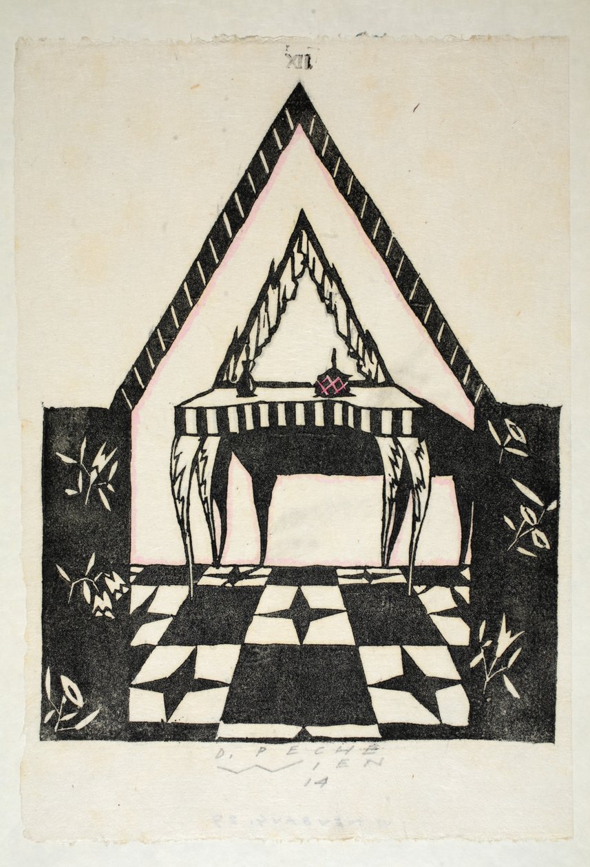 Design for et toalettbord, plate 12, bok 3, illustrasjon fra 'Wiener Werkstatte Mode 191415', pub. Eduard Kosmack, Wien, 1914-1915 (håndfarget linosnitt) av Dagobert Peche