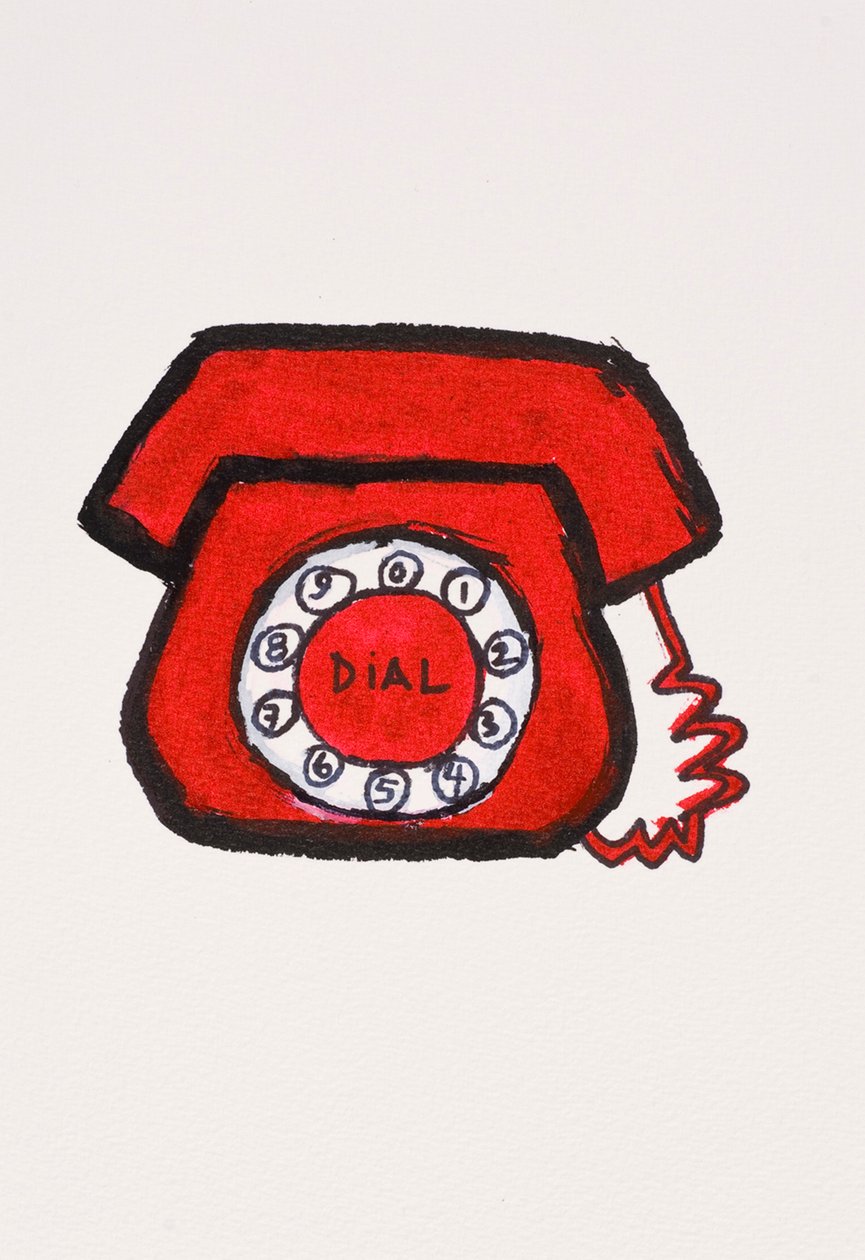 Rød telefon, 2017 (rød tusj med tusjpenn på papir) av Daisy de Villeneuve