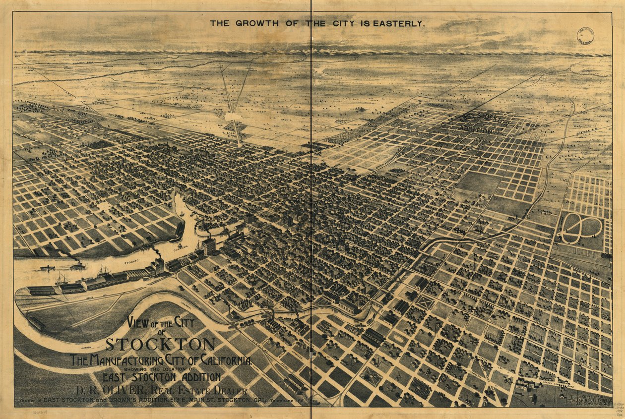 Utsikt over byen Stockton, produksjonsbyen i California. Viser plasseringen av East Stockton-tillegget. av Dakin Publishing Co.