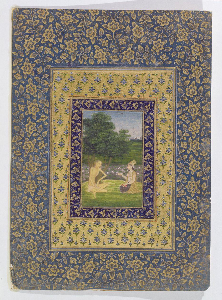 Layla Reading til Majnun, som sitter under et tre ved et lotusbasseng, Delhi, ca. 1720-40 av Dal Chand