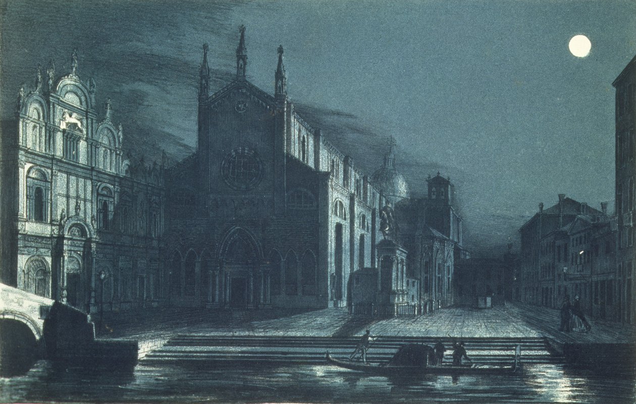 Nattscene av SS-kirken. Giovanni og Paolo, Venezia, gravert av Brizeghel (litho) av Dalda (after)