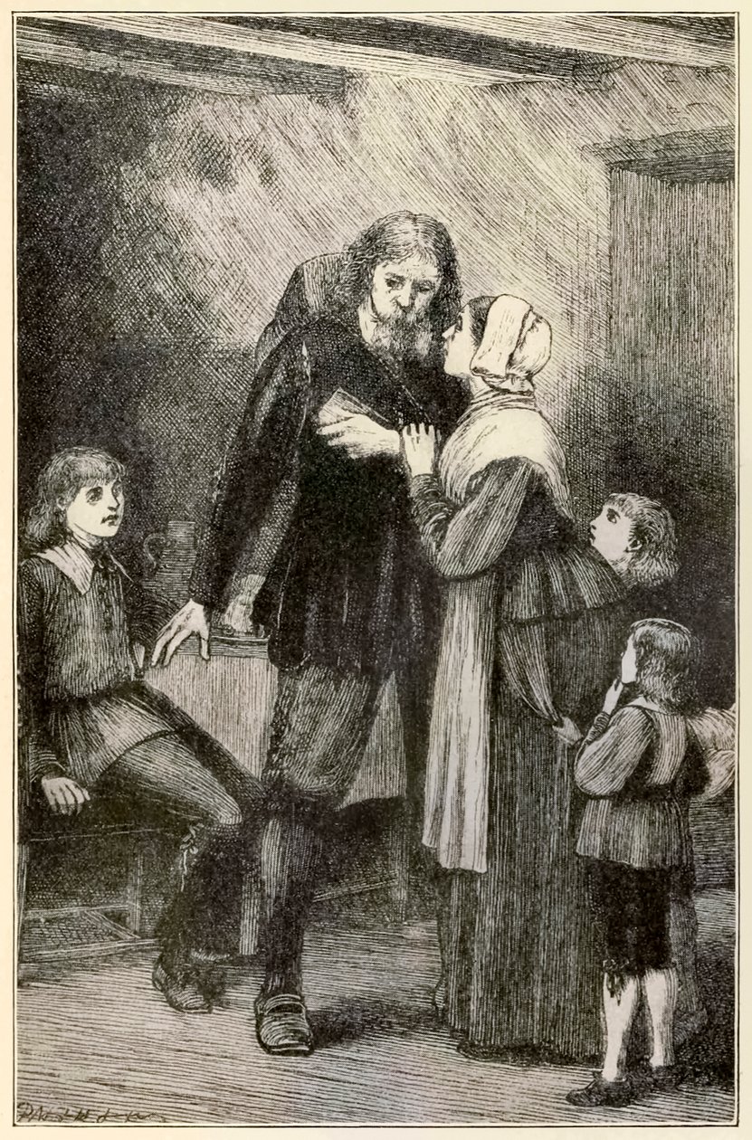 Christian betror seg til sin kone fra The Pilgrims Progress From This World, To That Who Is To Come av John Bunyan (1628-1688) illustrasjon av Thomas Dalziel (1823-1906) Christian med den tunge byrden av Dalziel Brothers
